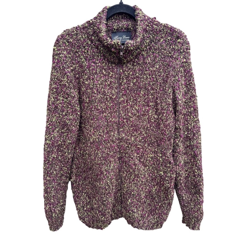 Terry Lewis Womens Vintage Zip Cardigan Sweater‎ Purple Green Boucle Long Sleeve